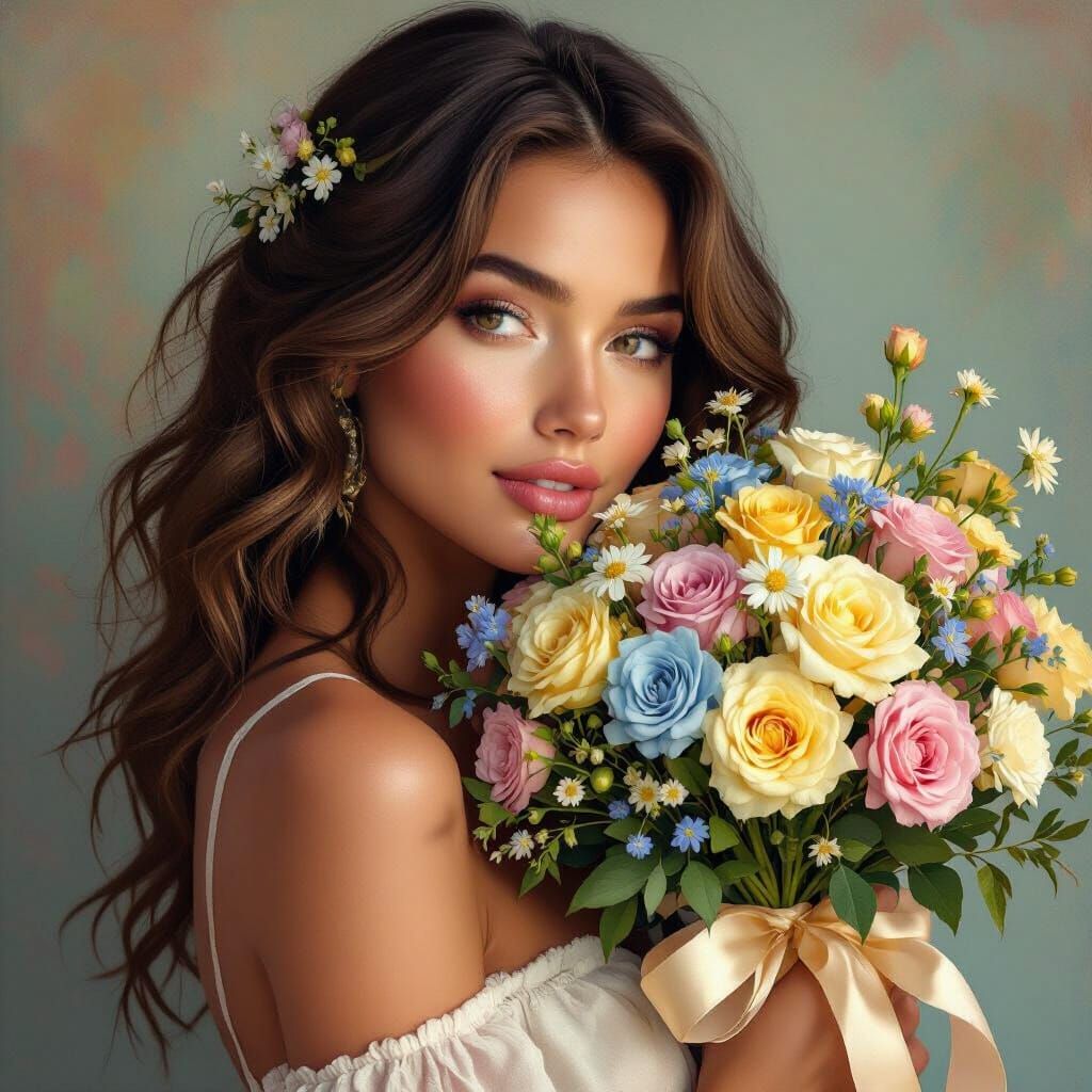 Woman with Bouquet in Hyperrealistic Style