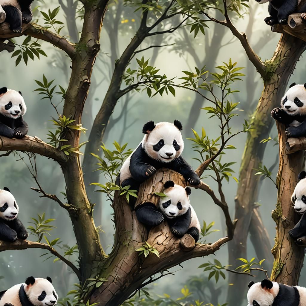 Cute Baby Panda Plays in Misty Forest