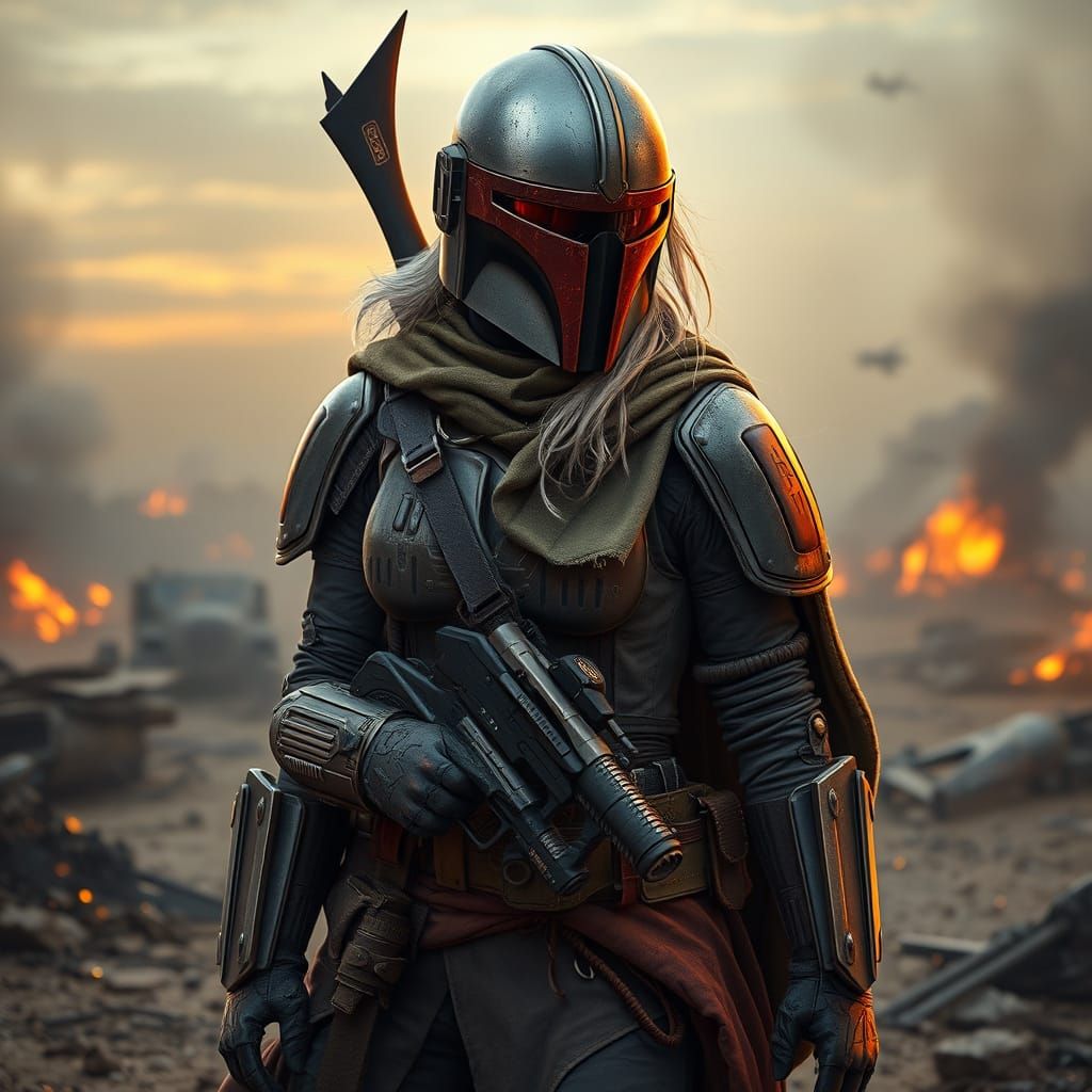 Cyberpunk-Style Mandalorian Warrior in Desolate Battlefield