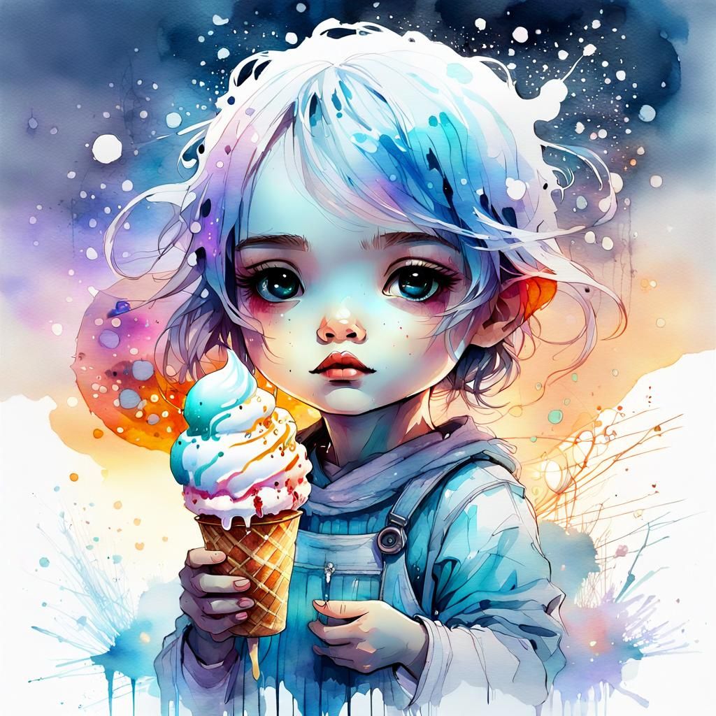 Cute Chibi Baby with Gelato: Watercolor Art