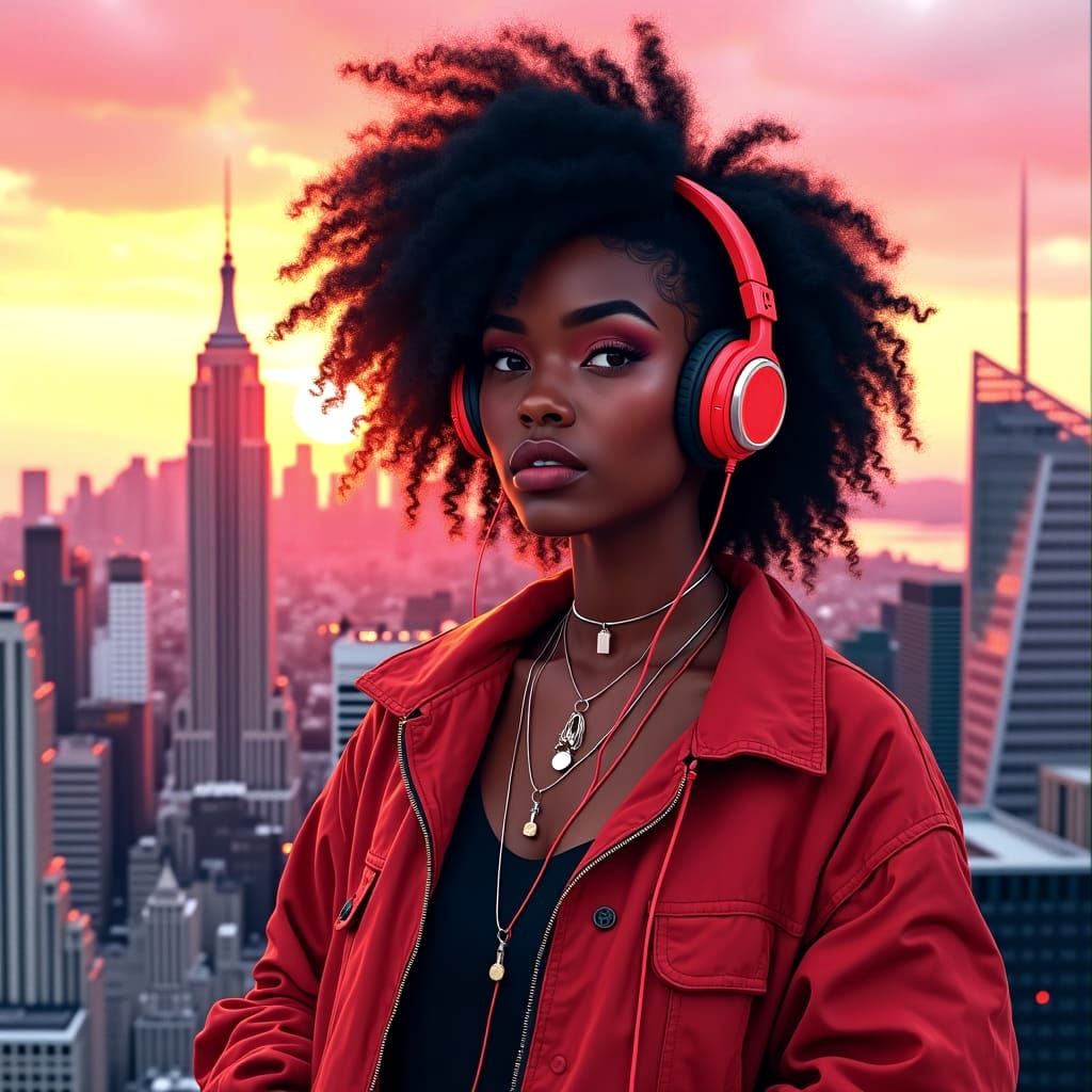Beautiful Woman with Headphones at Sunset