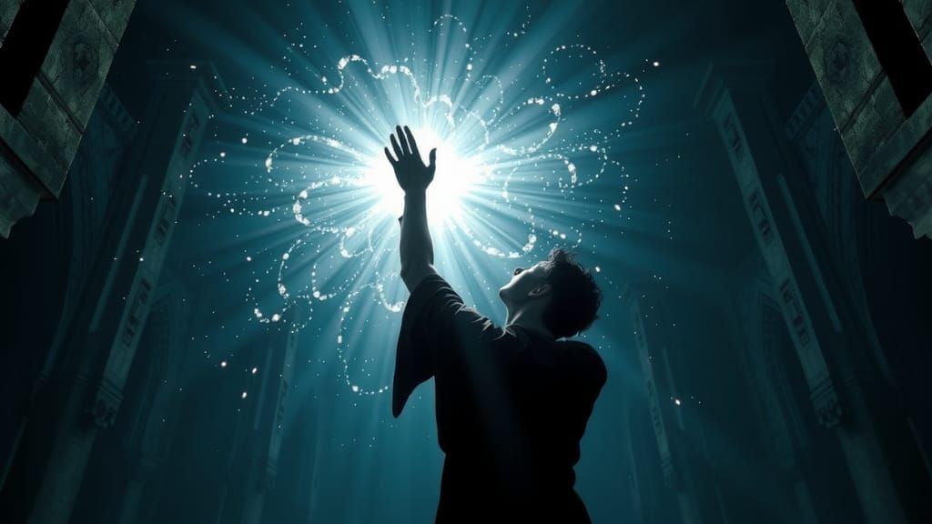 Hopeful Figure Reaching for Light in Gothic Castle