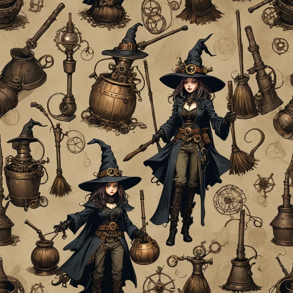 Steampunk witch, mortar and broom
