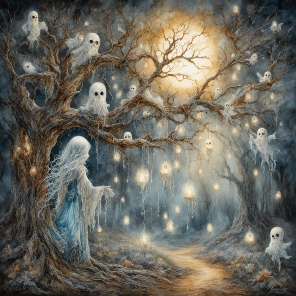 Cute Ghost Peeking from Tree in Chalk Art
