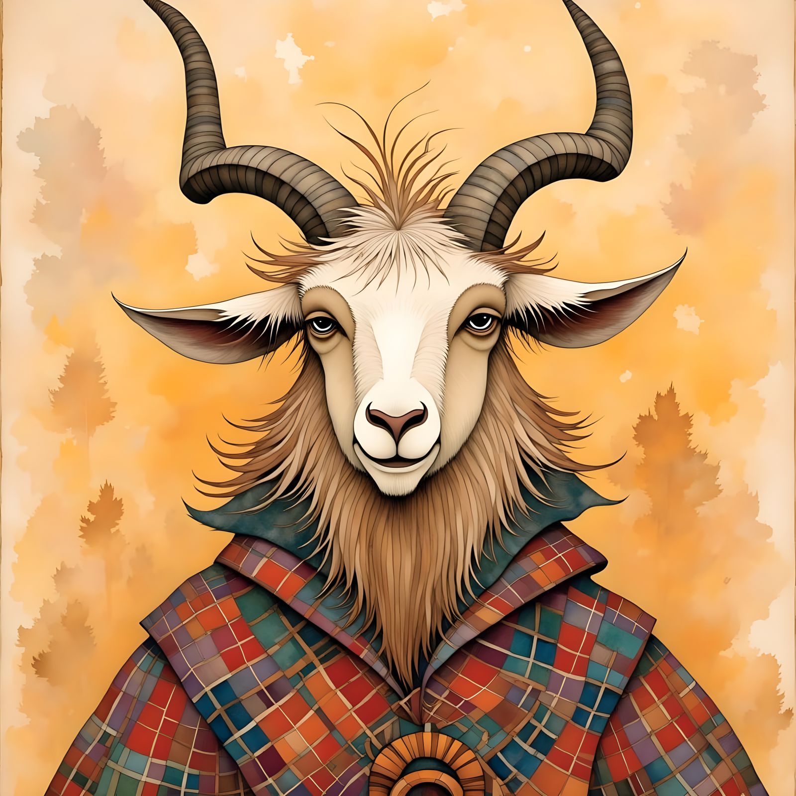 Whimsical Pagan Goat in Plaid Robes