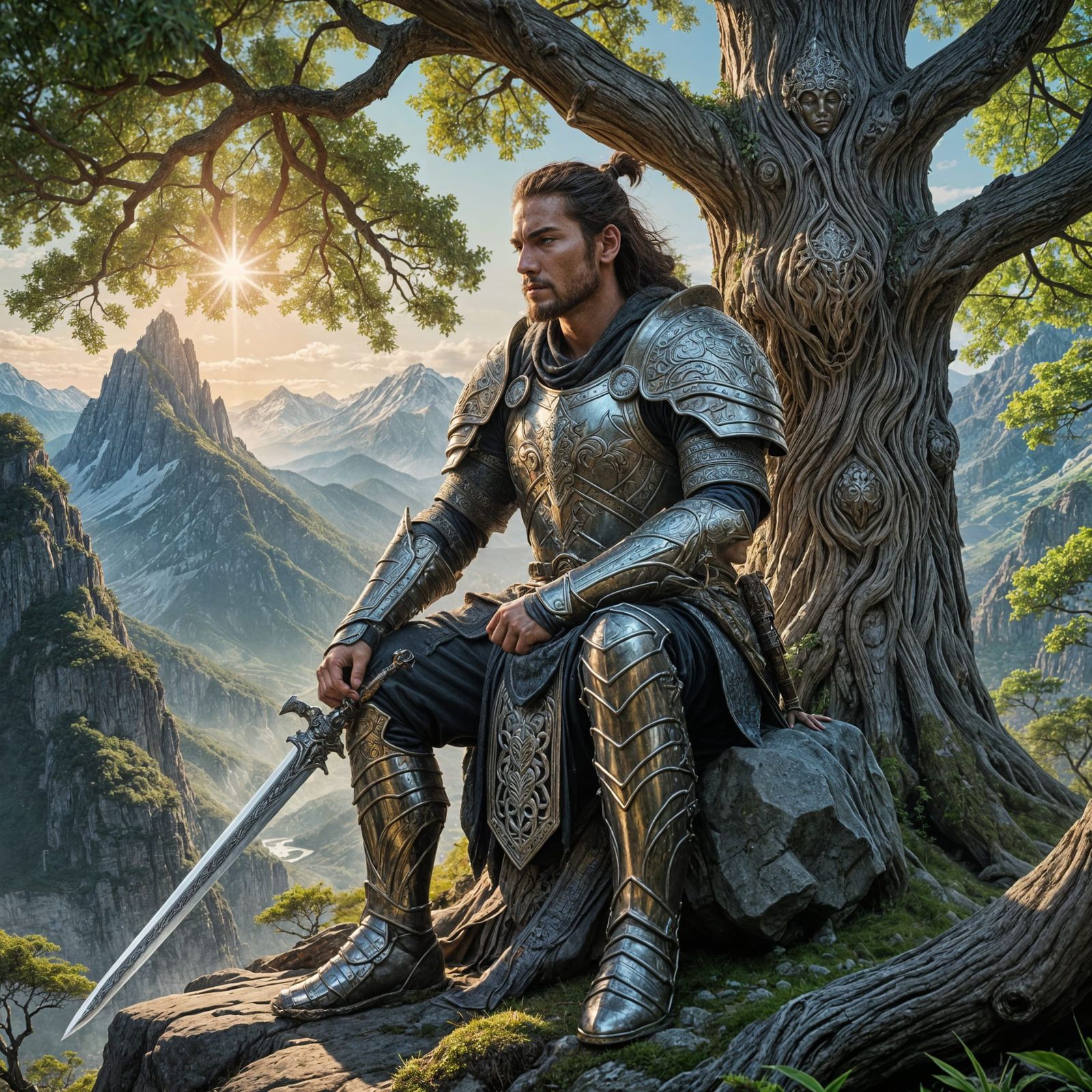 Warrior Meditating Under Ancient Tree in Anime Style