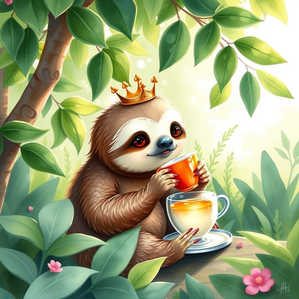 Sloth with Crown Sipping Tea, Watercolor Style