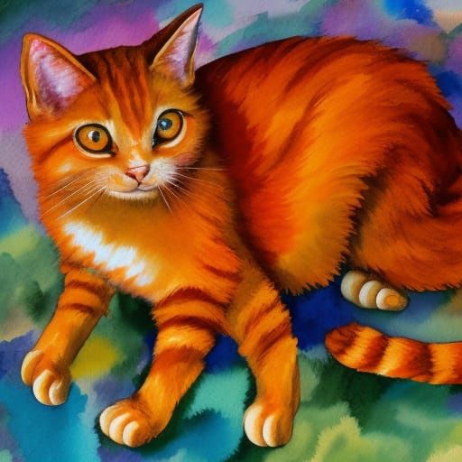 Ginger Cat in Gouache Style, Impasto Painting