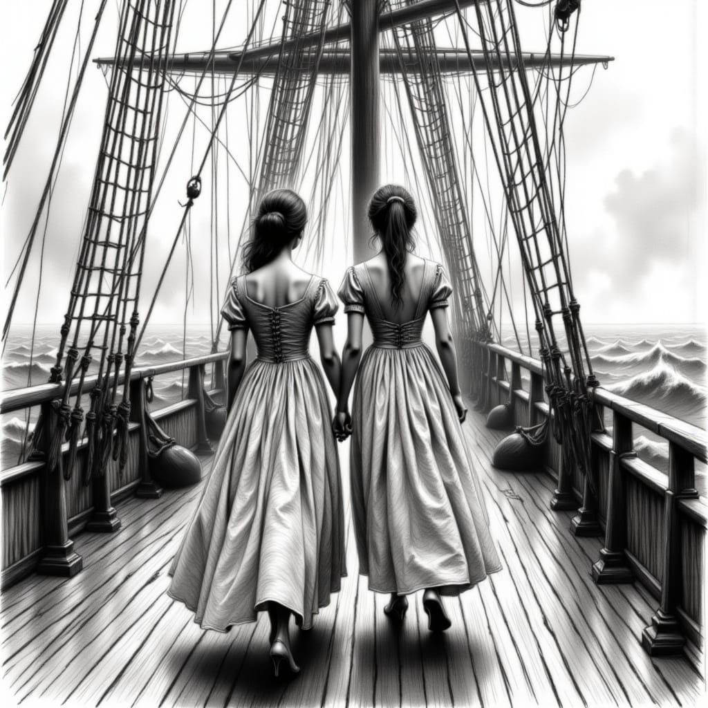 Victorian Women on Sailing Ship Deck in Detailed Pencil Art