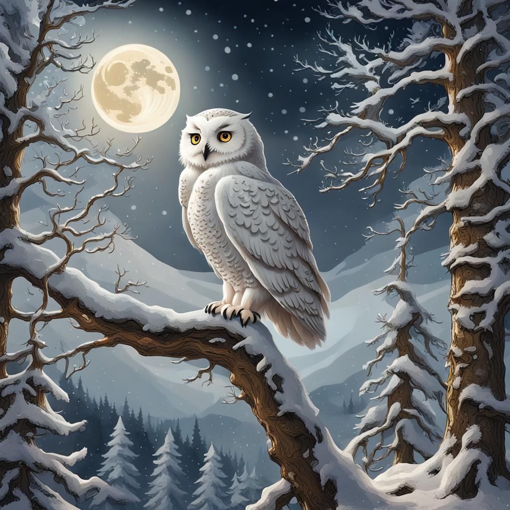 Snow Owl in Enchanted Winter Forest