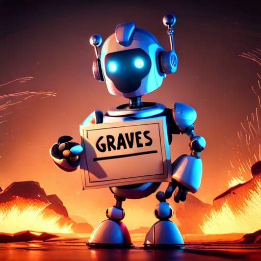 Robot holding up a sign "GRAVES"