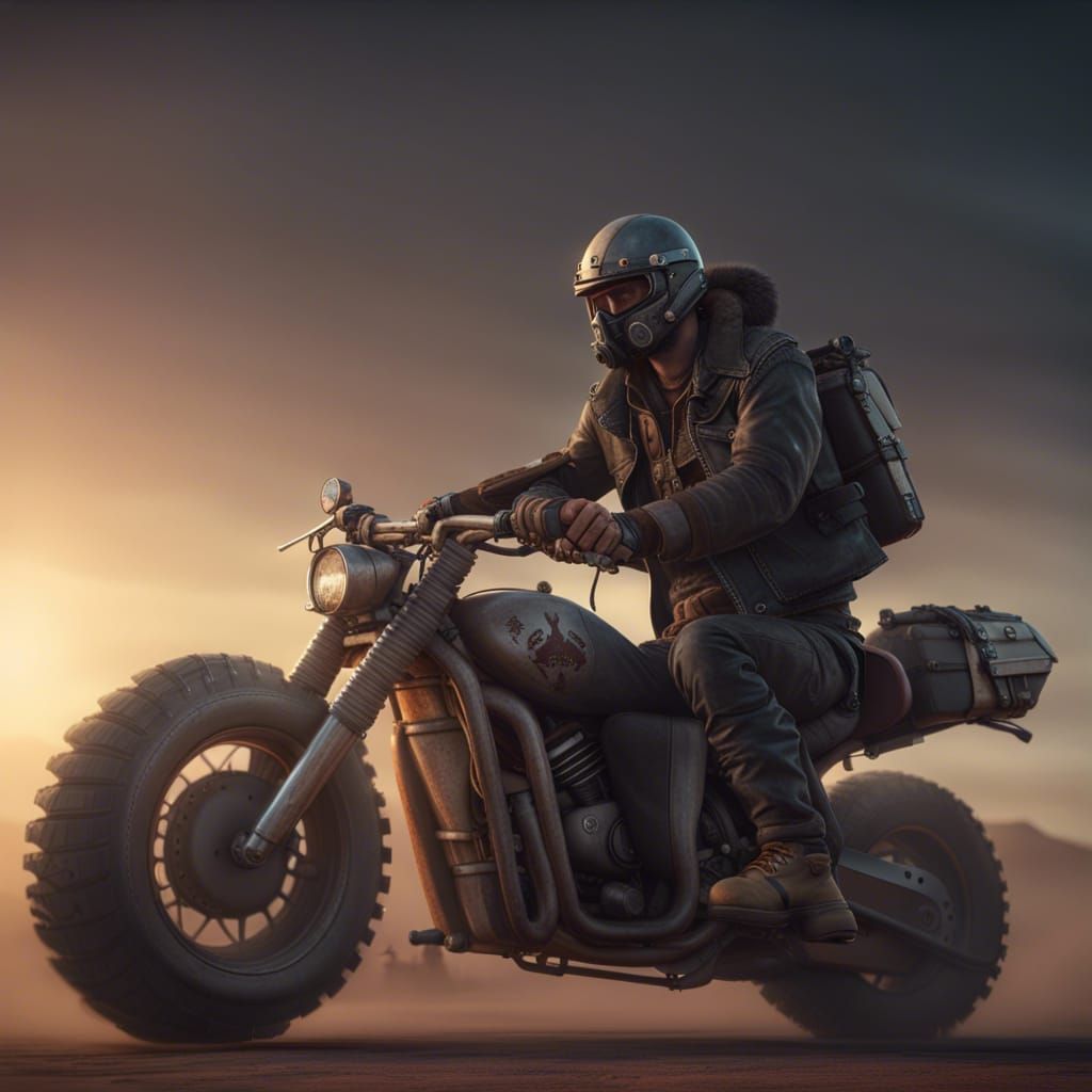 Post-Apocalyptic Motorbike Rider in 3D Game Style