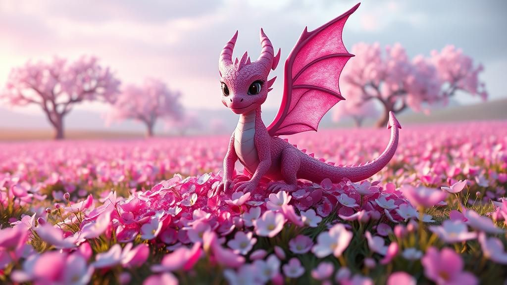 Pink Fairy Dragon in Blossom Meadow, Digital Art
