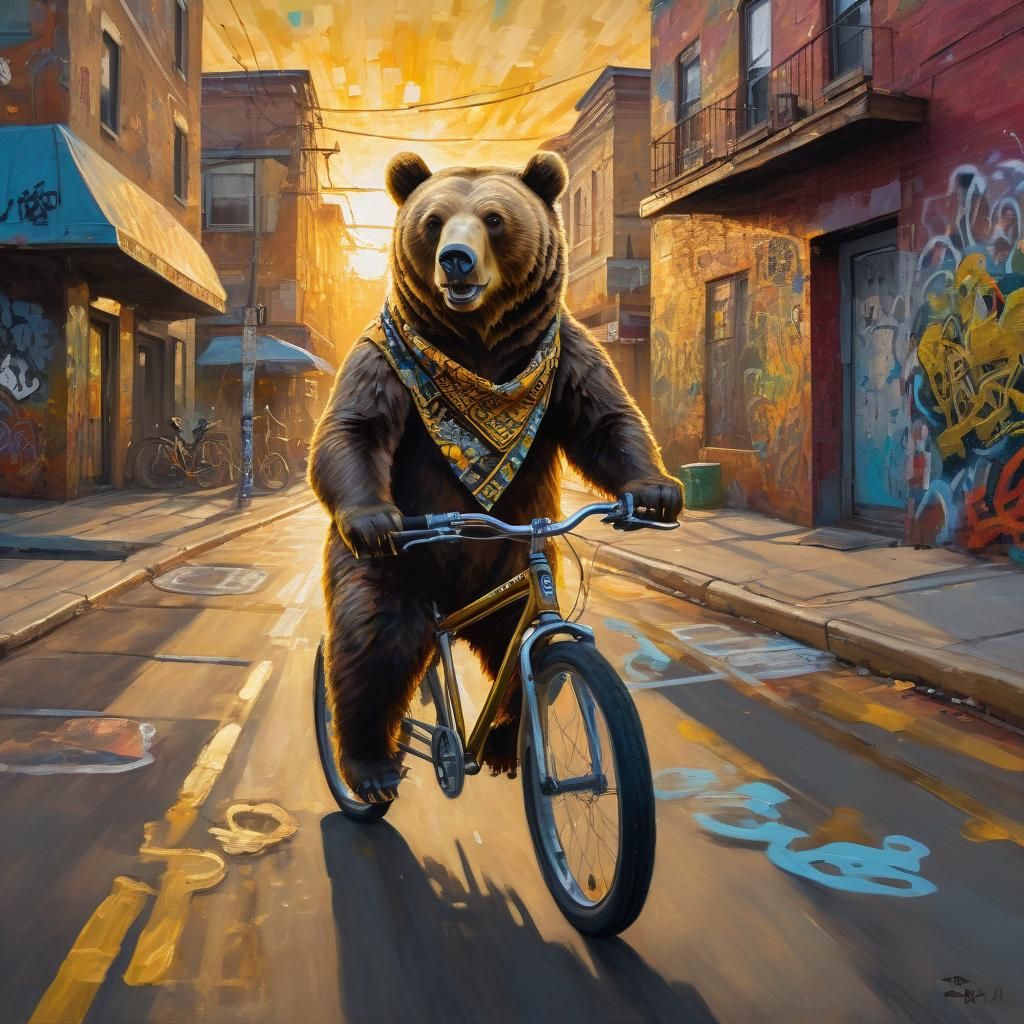 Bear Rides Bike: Impressionist Oil Painting