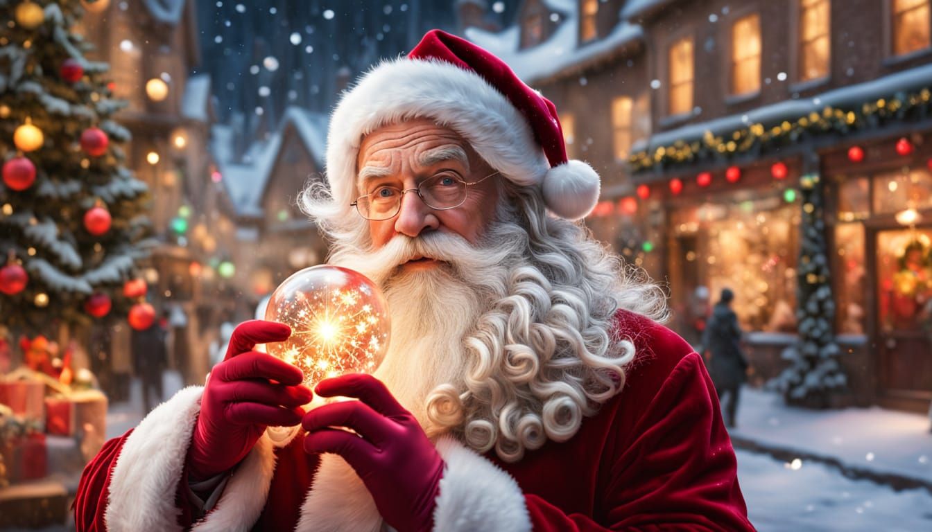 Santa Claus Holds Magical Snow Globe in Festive Glow