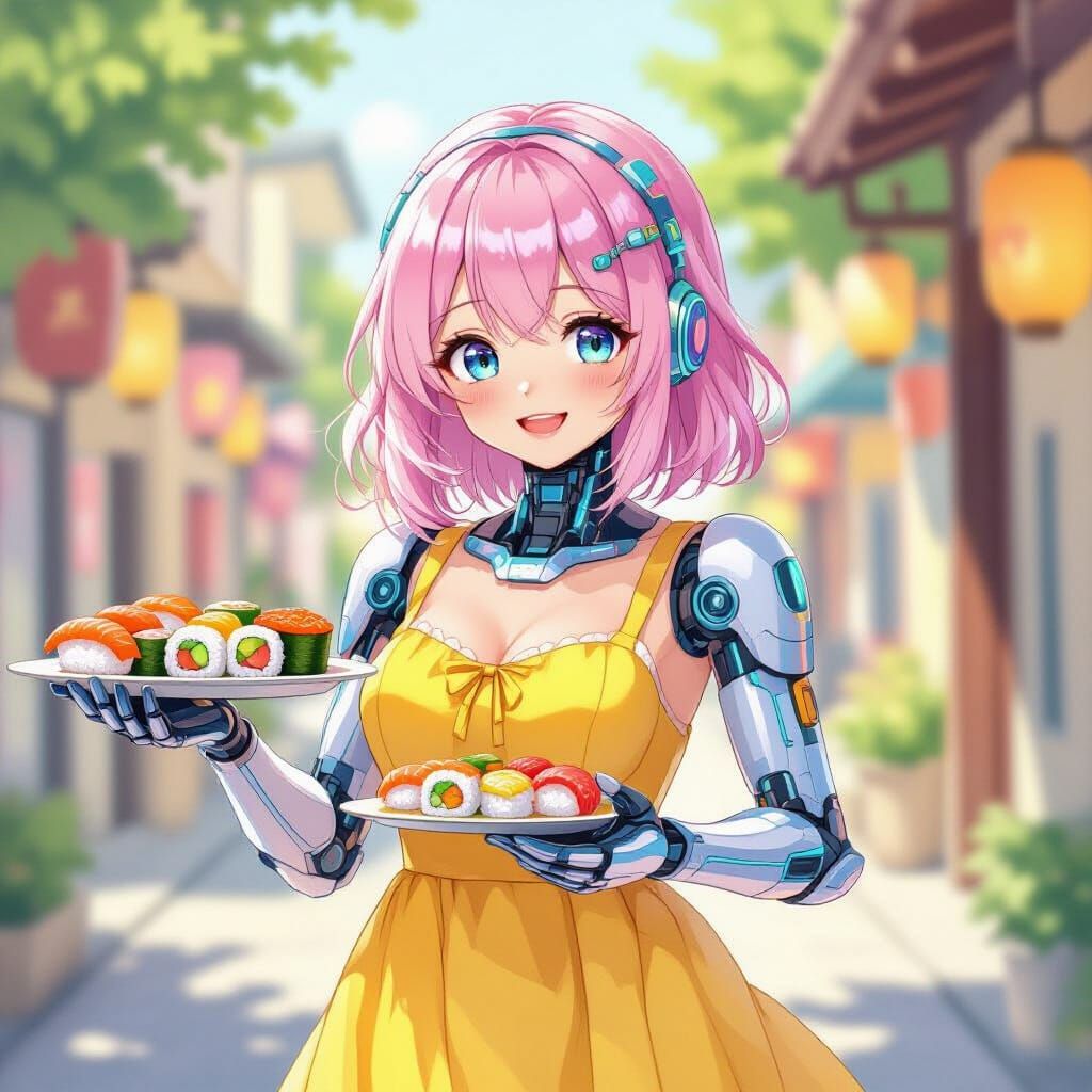Adorable Robot Delivers Sushi: Digital Art