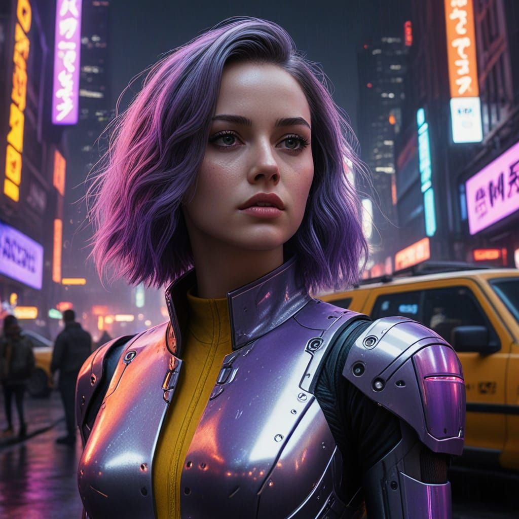 Gritty Cyberpunk Android Stands Amidst Neon Dystopia