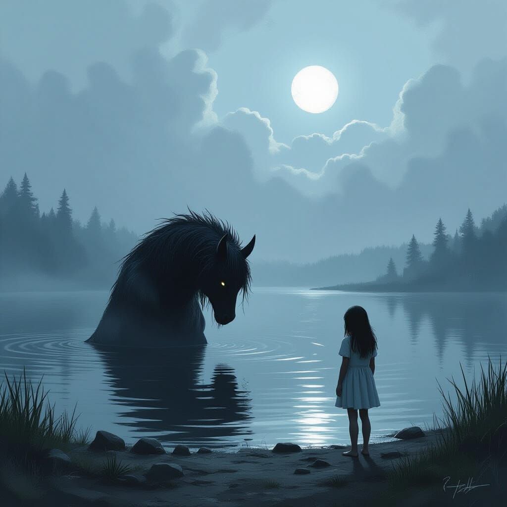 Sinister Kelpie Emerges from Black Lake