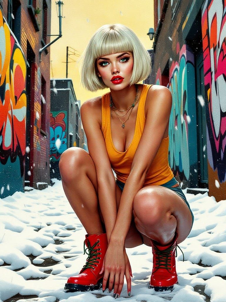 Confident Woman in Red Boots Amidst Urban Alleyway