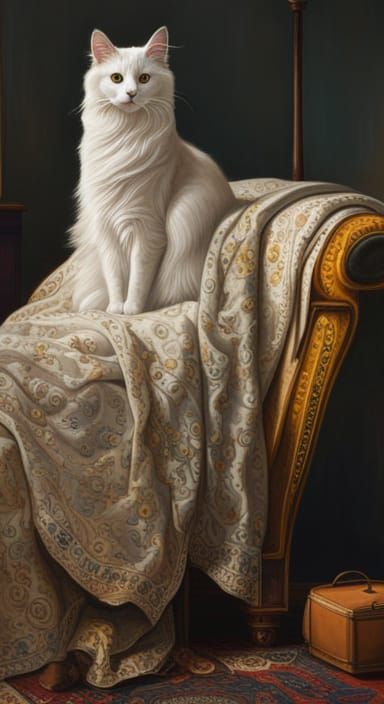 Detailed Angora Cat Painting with Japanese Background