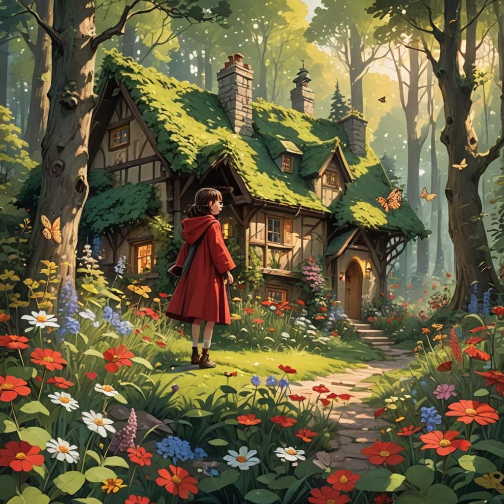 Enchanted Cottage Scene with Girl in Red Cloak