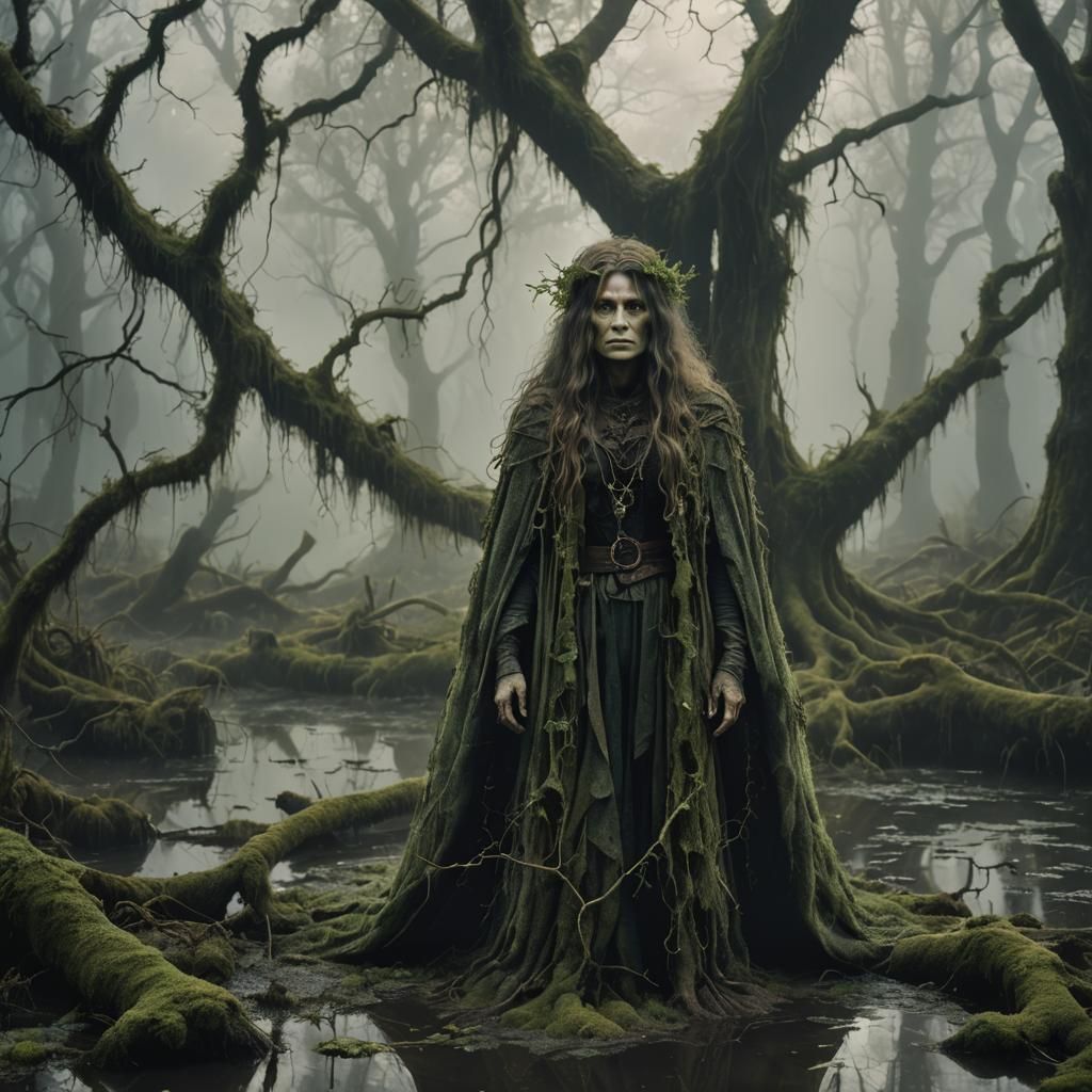 **A photographic portrait of a swampland witch, wearing a ta...