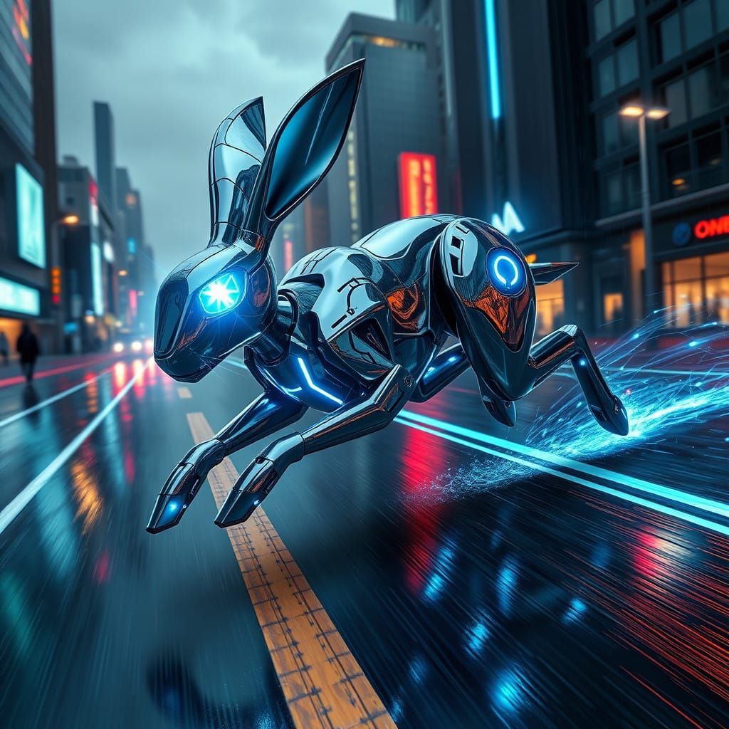 Robotic Hare Sprints Through Futuristic Cityscape in Neon-Li...