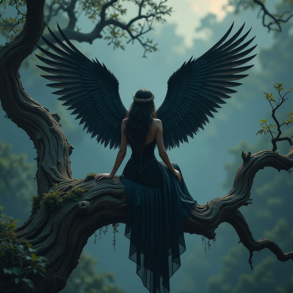 Woman with Wings Reaching for Sky in Beksinski Style