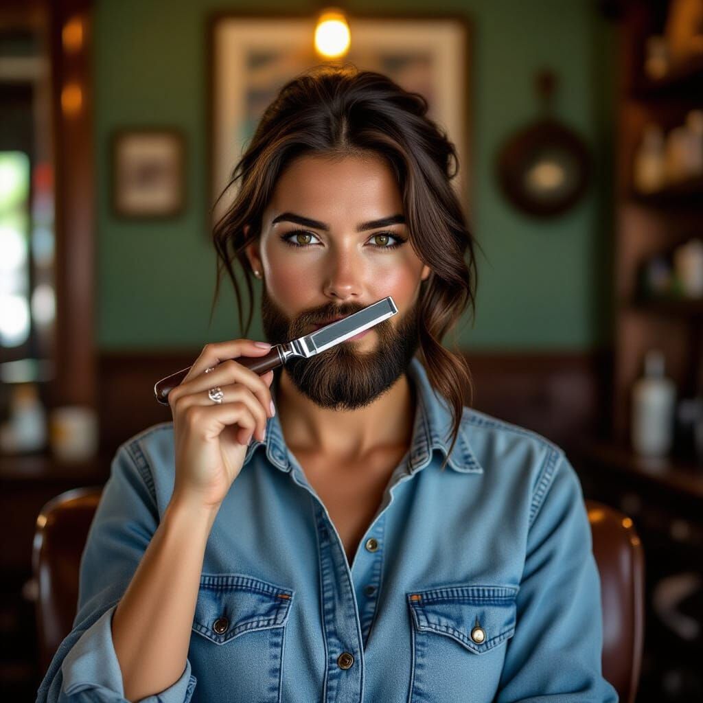 Woman Shaves Beard in Classic Barbershop, Art Nouveau
