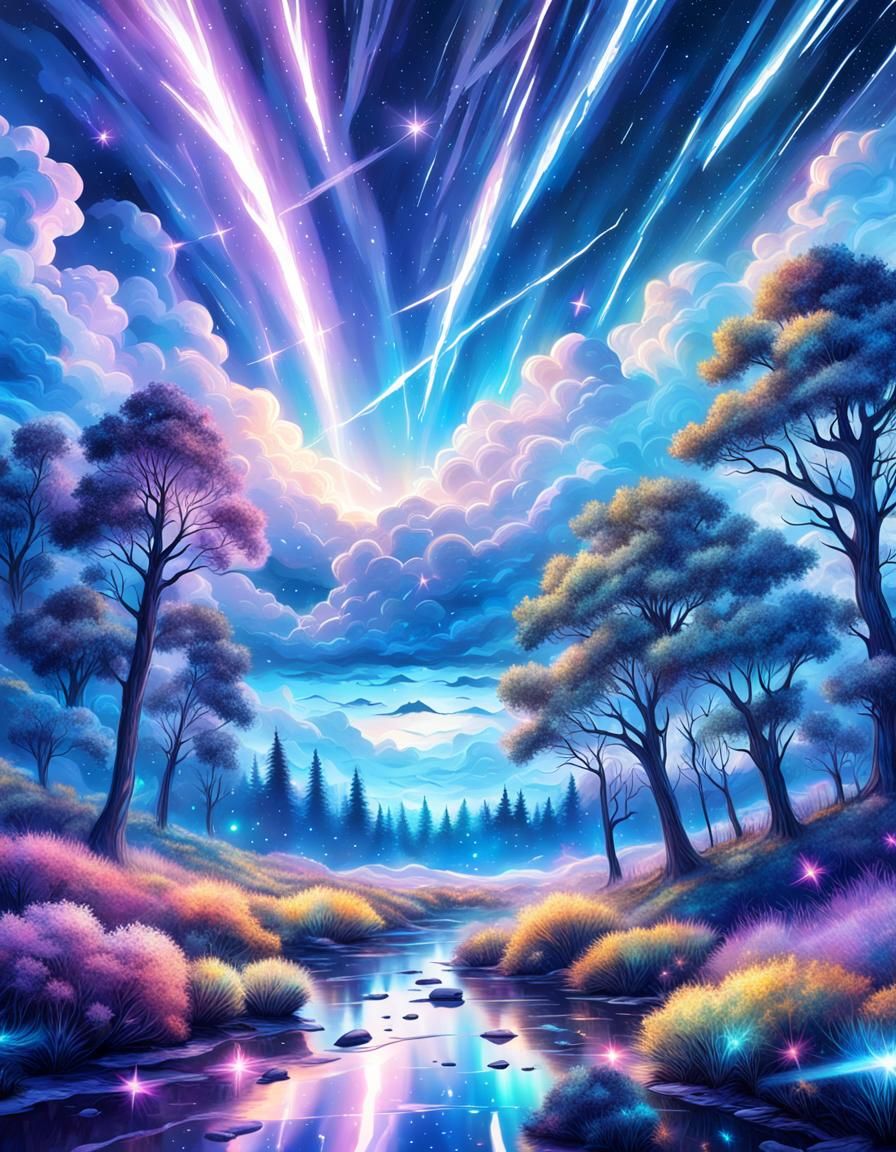 Cosmic Stormy Sky with Shooting Stars