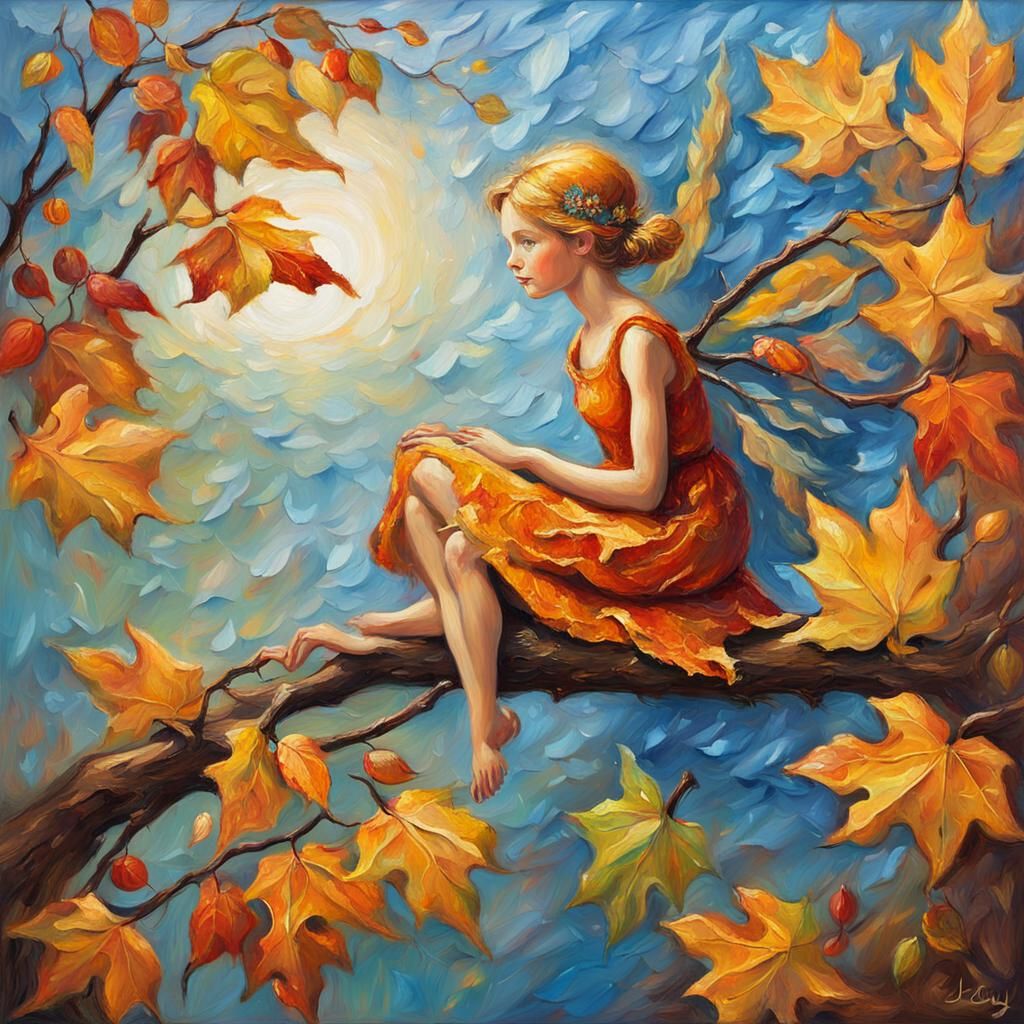 Fairy in Autumn Leaves, Expressive Oil Painting