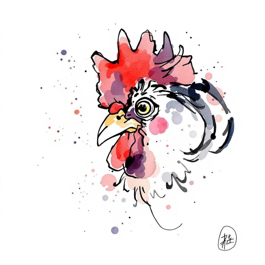 Rooster in Dark Watercolor and Ink Style
