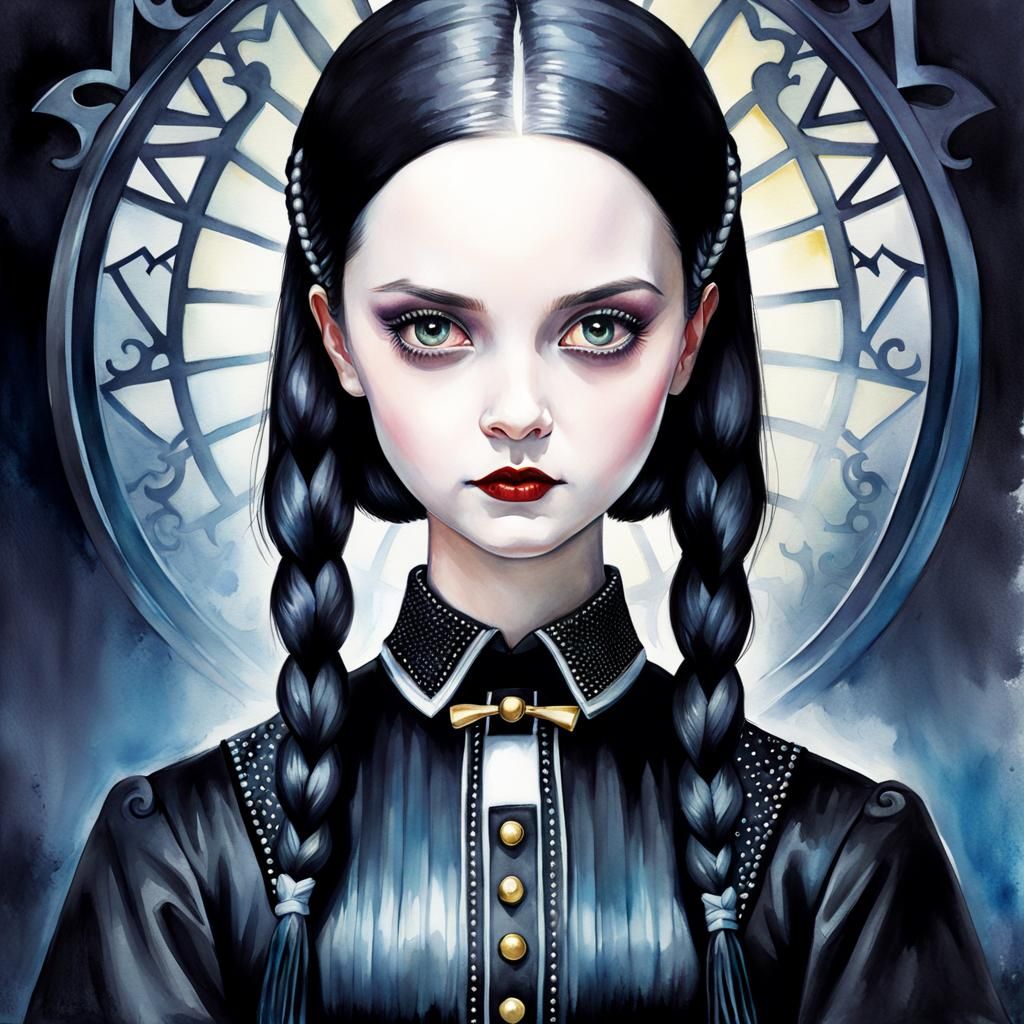 Eerie Metallic Watercolor Portrait of Wednesday Addams