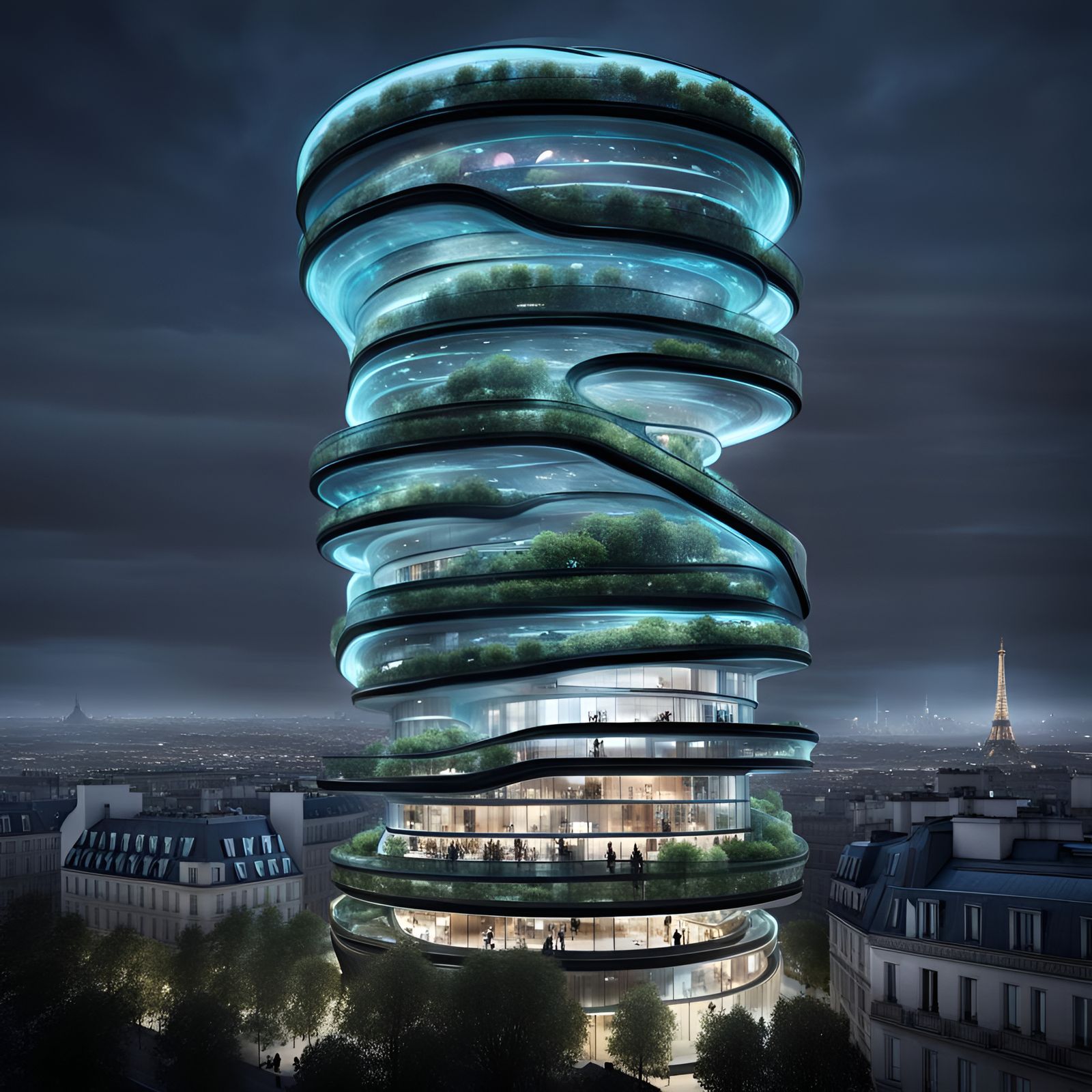 Bioluminescent Sci-Fi Tower Dominates Paris Cityscape