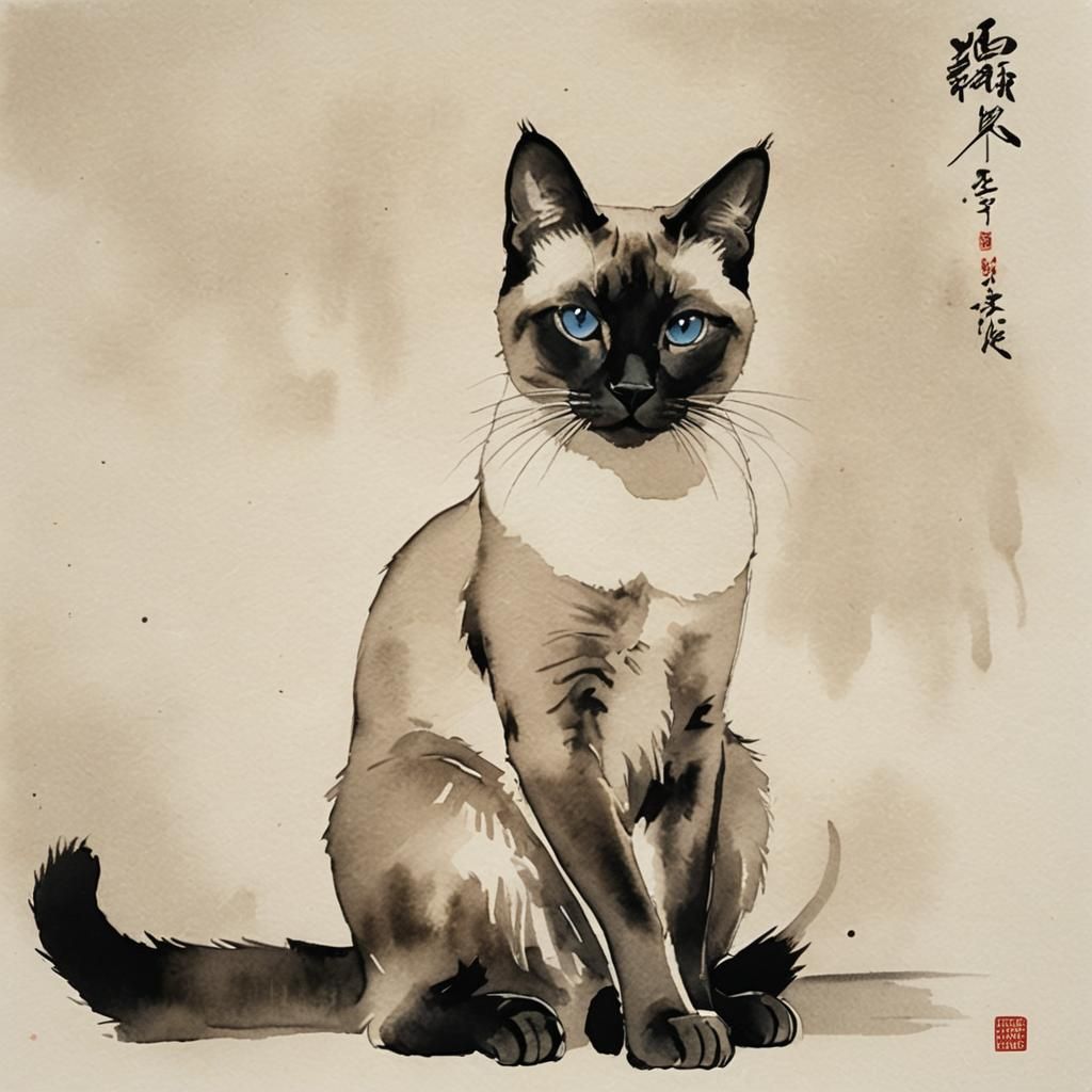 Contemplative Siamese Cat in Sumi-e Ink Style