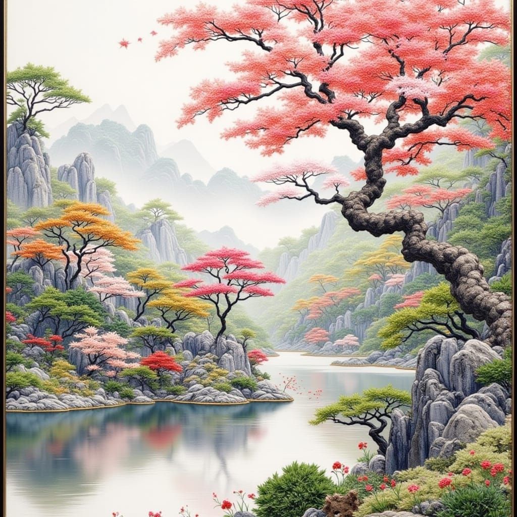 Embroidered Japanese Garden Painting