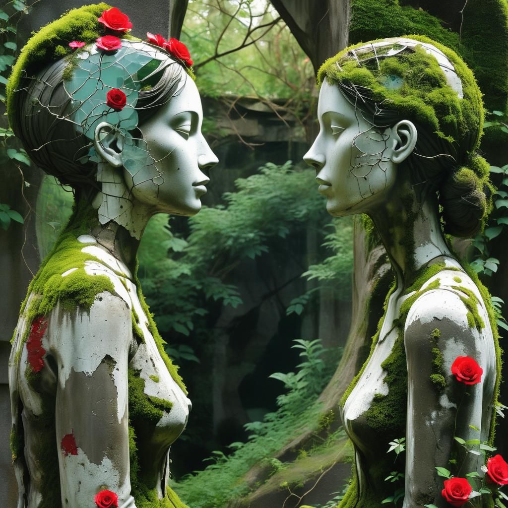 Concrete Couple Sculpture in Dystopian Wasteland