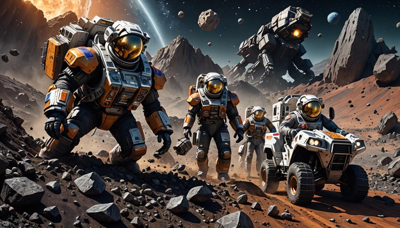Dramatic Space Mining Scene with Colorful Astronauts