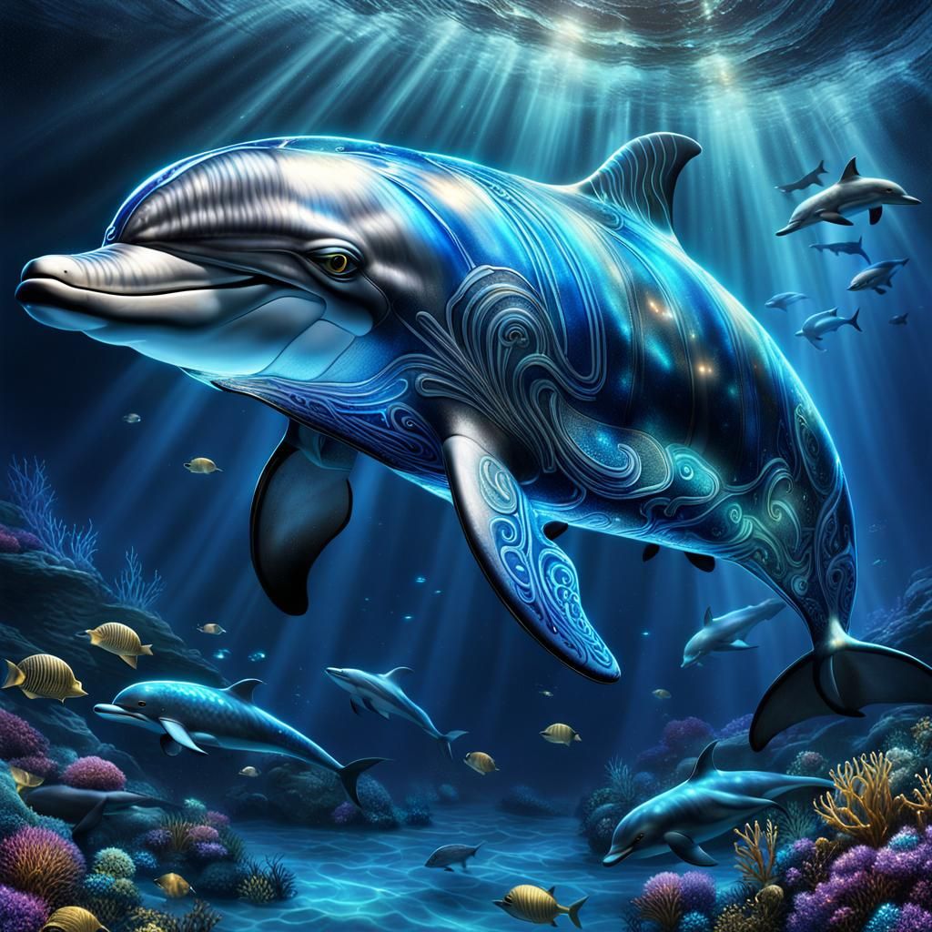 A dolphin adorned in shimmering titanium armor navigating th...