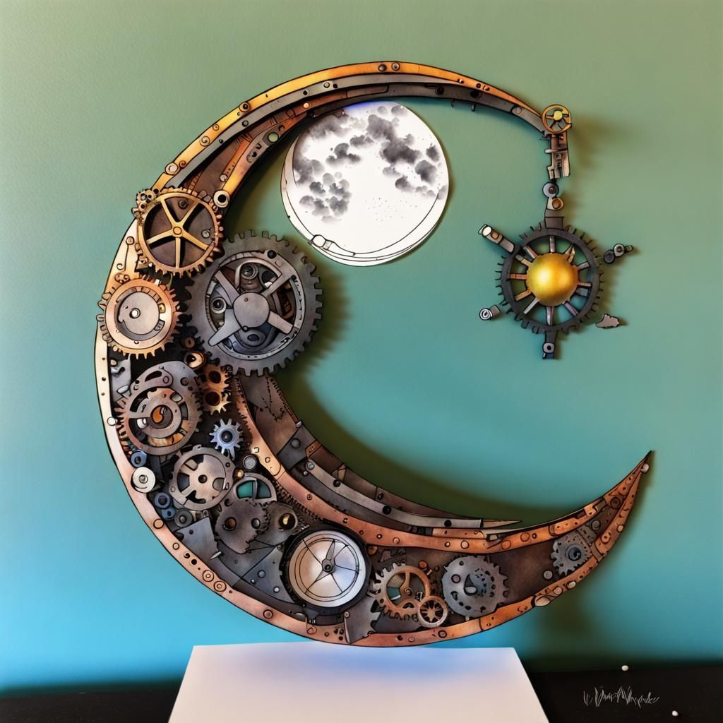 Steampunk Crescent Moon in Marker and Ink