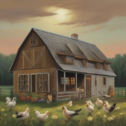 Rustic Farmhouse Painting of Chicks in Folk Art Style