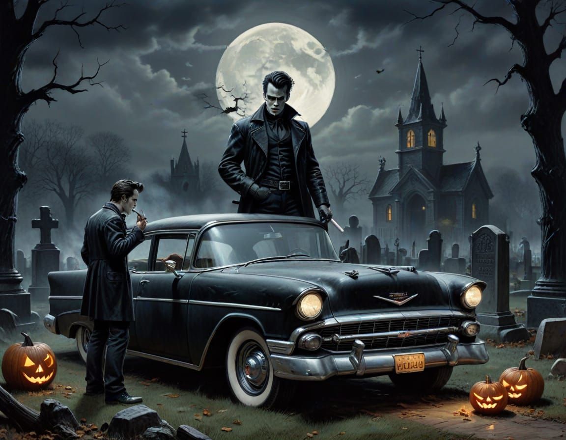 Greasers in Graveyard with 1955 Chevy, Comic Art