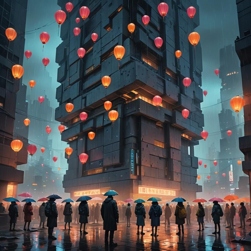 Vibrant Crowd at Brutalist Monument in Rainy Night