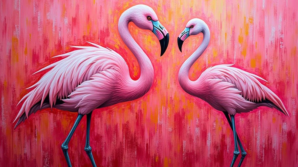 Abstract flamingo outlines and whimsical pareidolia. Aboriginal art. Oil painting predominantly using the color flamingo...