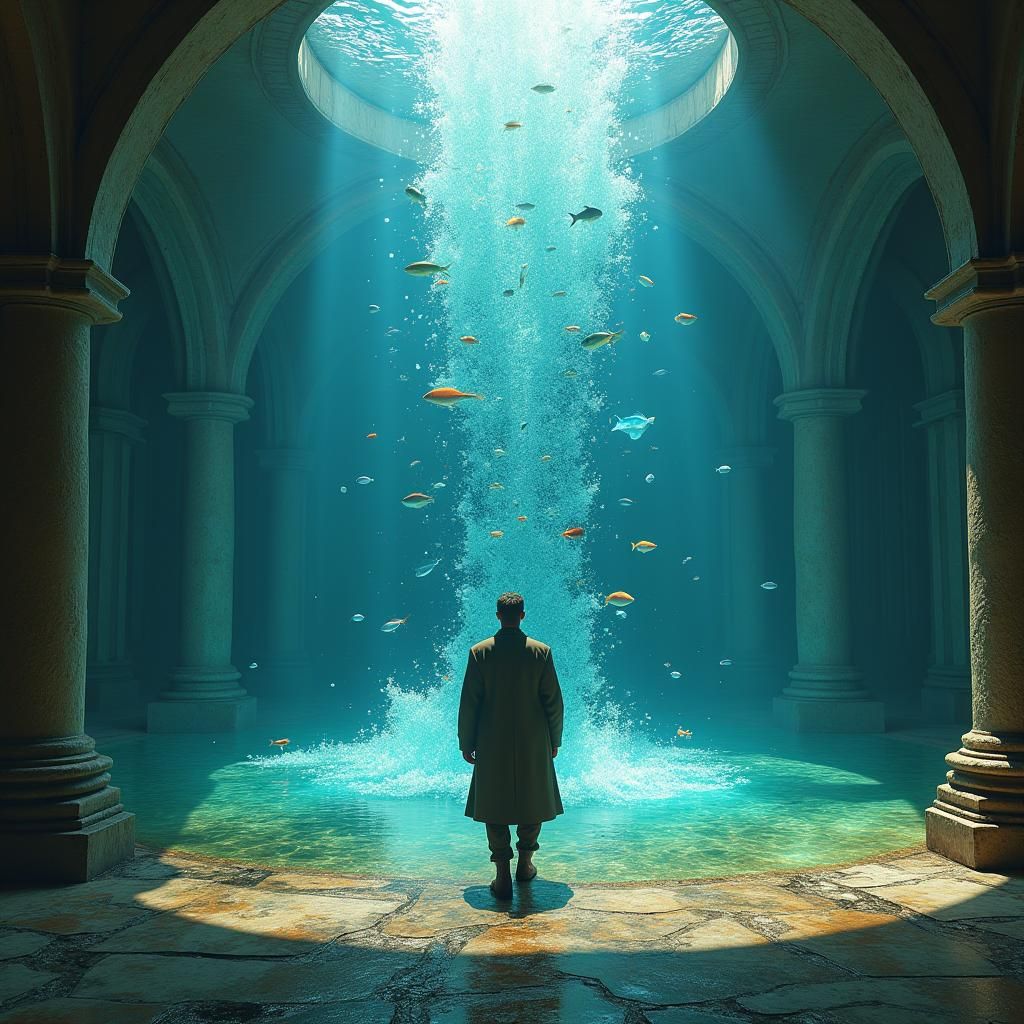 Mystical Spill of Fish and Water on Stone Floor