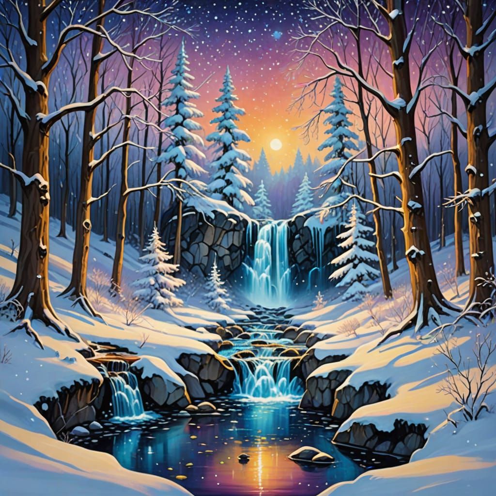Enchanted Winter Forest: A Whimsical Oil Painting