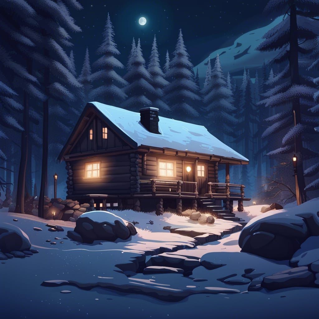 Cozy Cabin in Winter Moonlight: Lunarpunk Scene