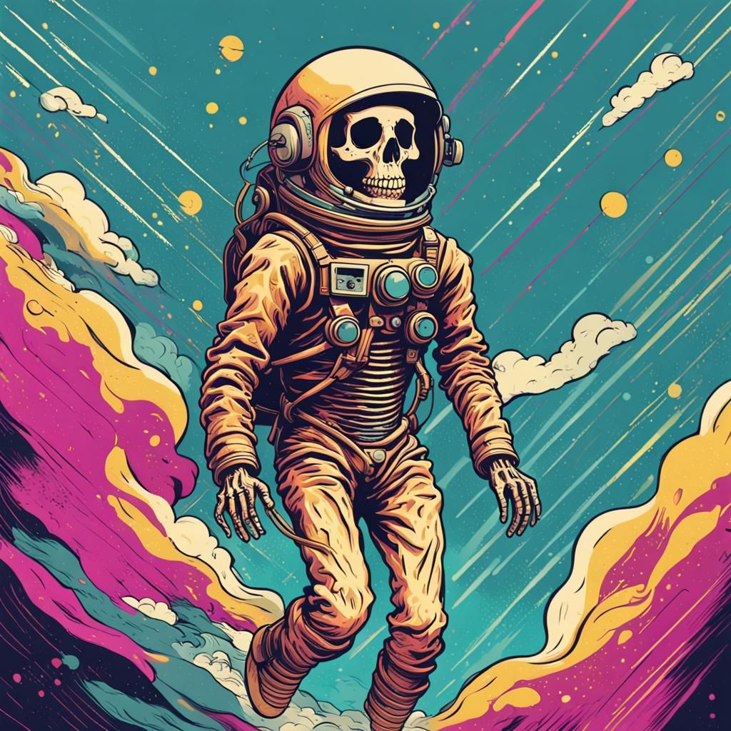 Vintage Cartoon Astronaut Skeleton in Cosmic Storm