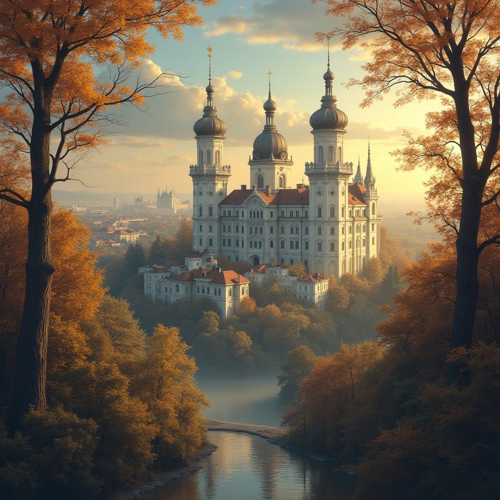 Enchanted Autumn Cityscape in Whimsical Rococo Style