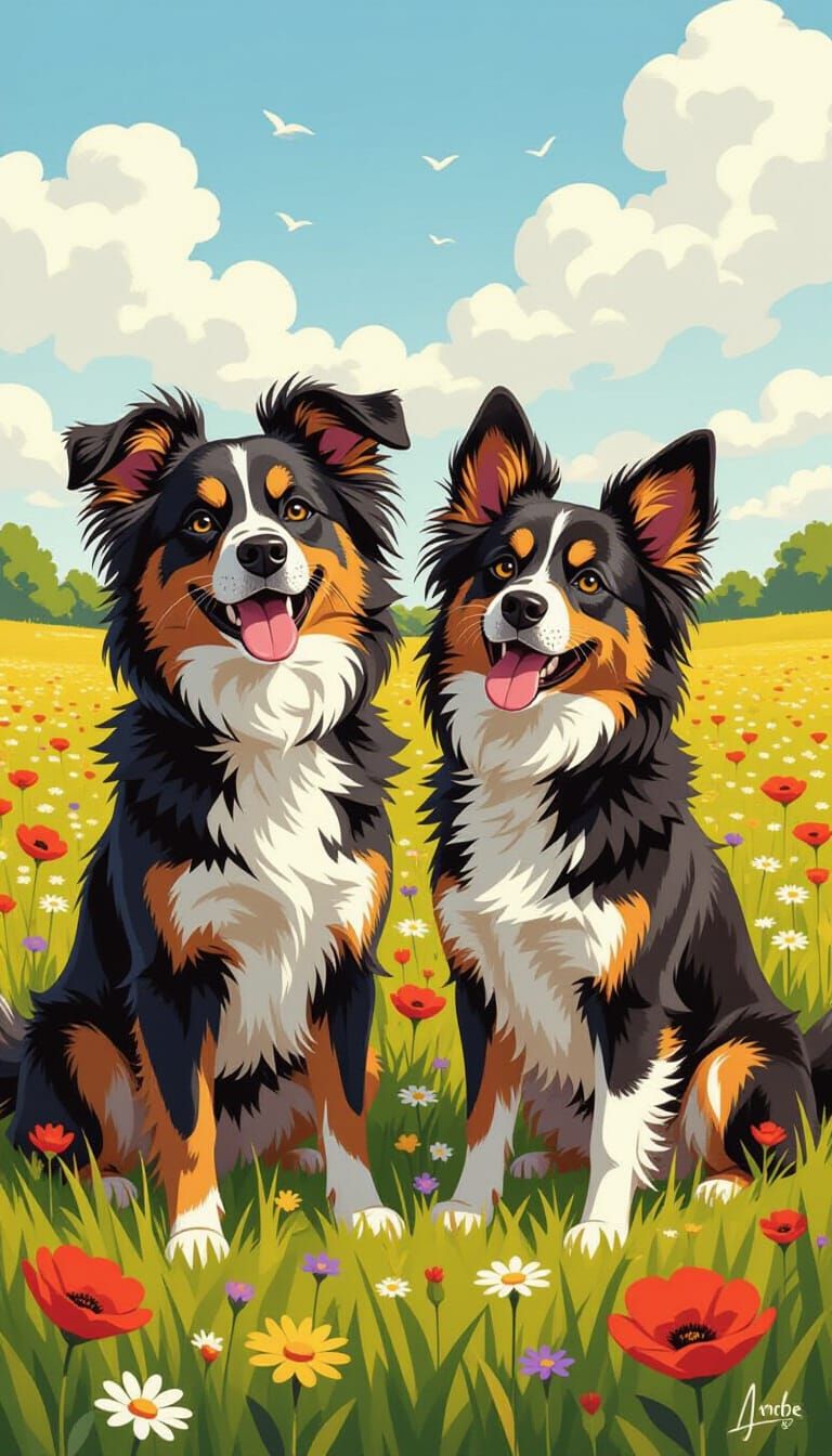 Comical Chinese Dogs in Wildflower Meadow